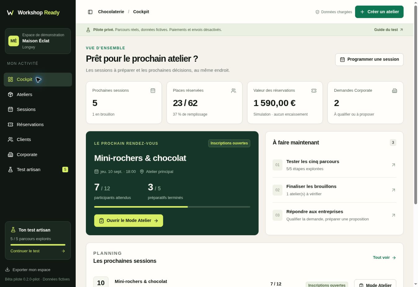 Vue de démonstration du cockpit WorkshopReady : sessions, préparation et suivi des demandes.